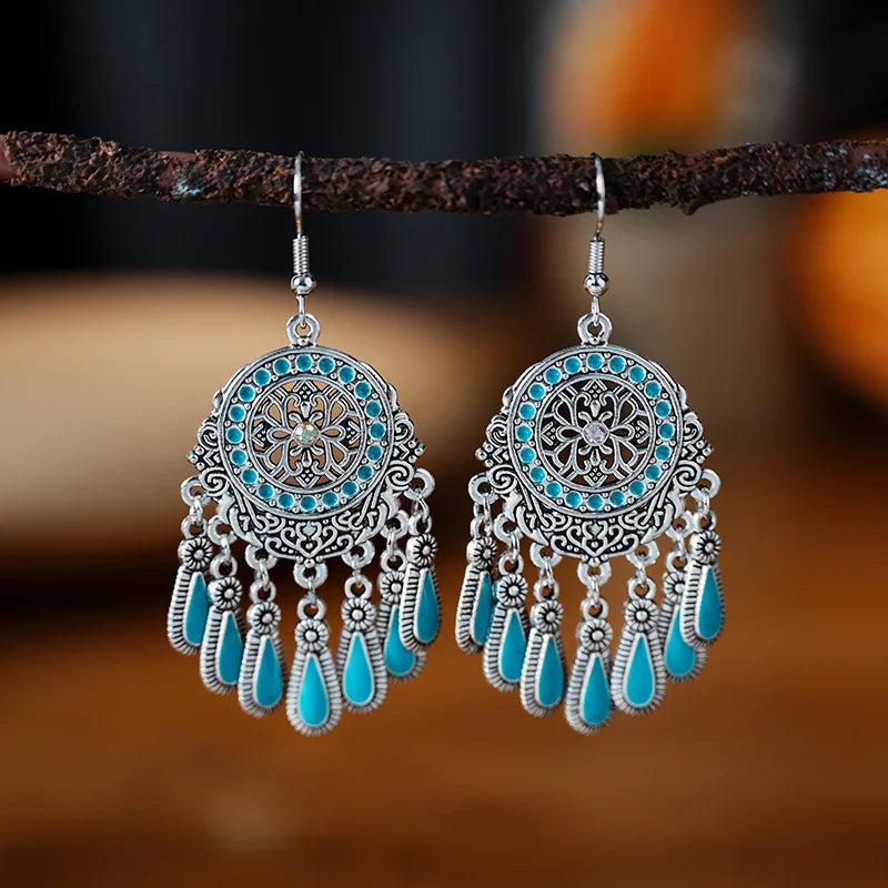 Bohemian Ethnic Long Blue Acrylic Crystal Water Drop Earrings