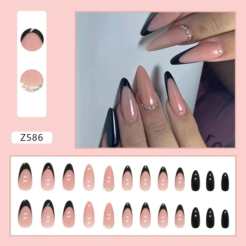 24pcs Artifical Nails Fake Wearable Nail Tips With Small Diamonds