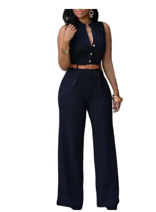 Sleeveless Single Breasted Button High Waist Wide Leg Jumpsuit