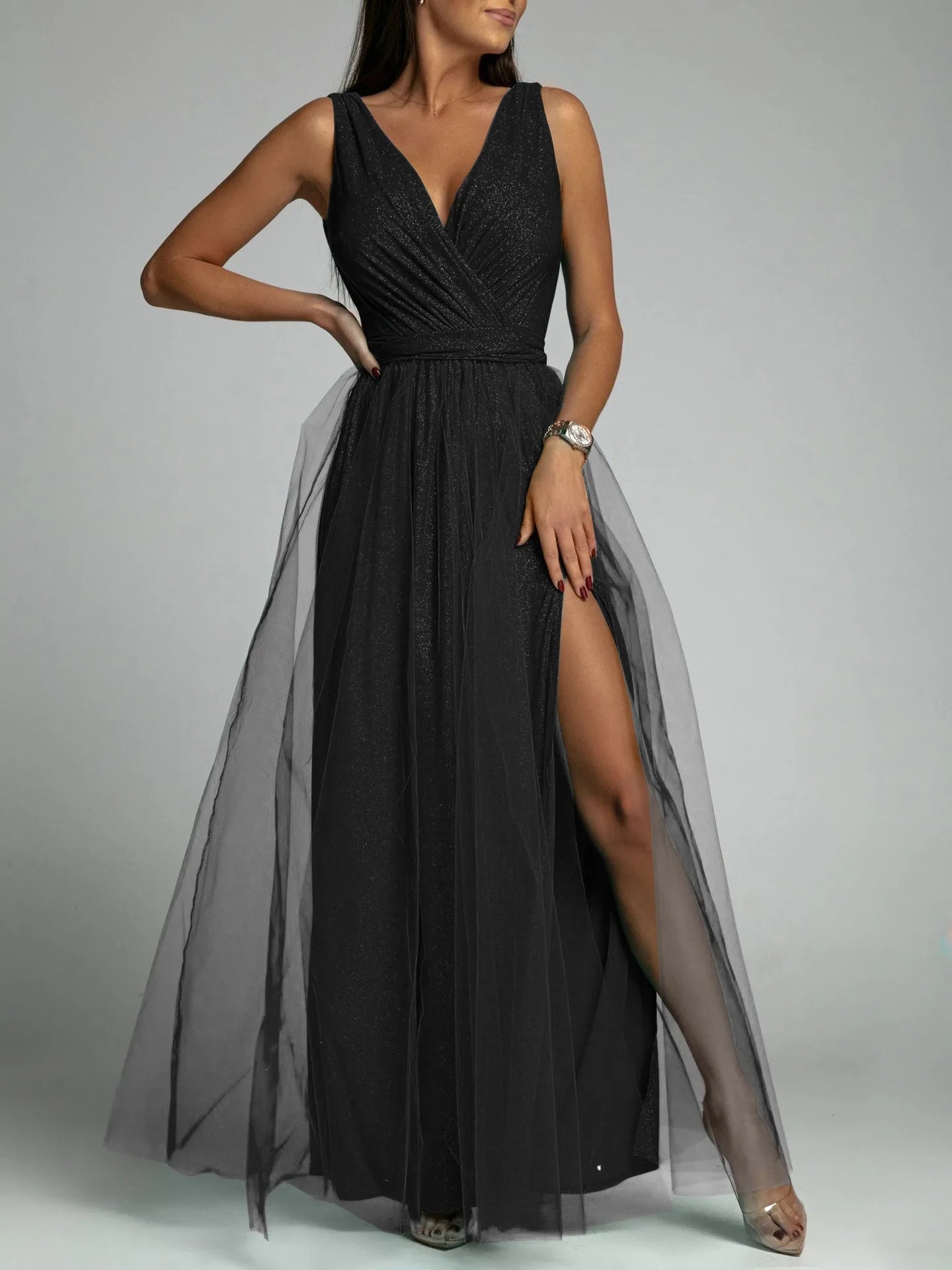 Elegant Solid Color Fine Sparkle V-neck Lace-up Mesh Slit Long Dress