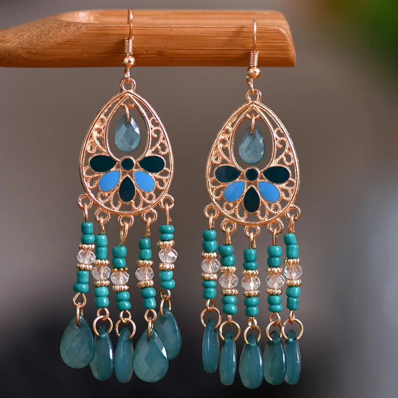 Bohemian Ethnic Long Blue Acrylic Crystal Water Drop Earrings