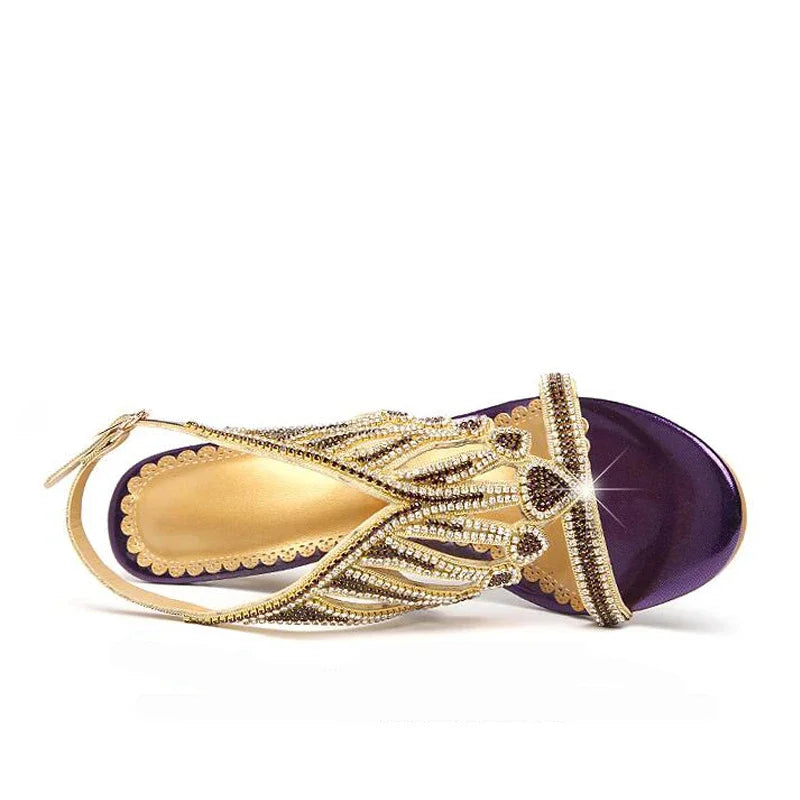 Summer Style Gold Coloured Rhinestone  High Heeled Sandals