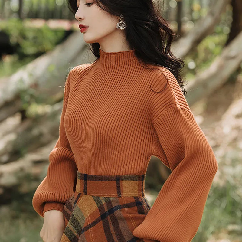 Spring Autumn Vintage Plaid Long Skirts Sweater Two-Piece Set F