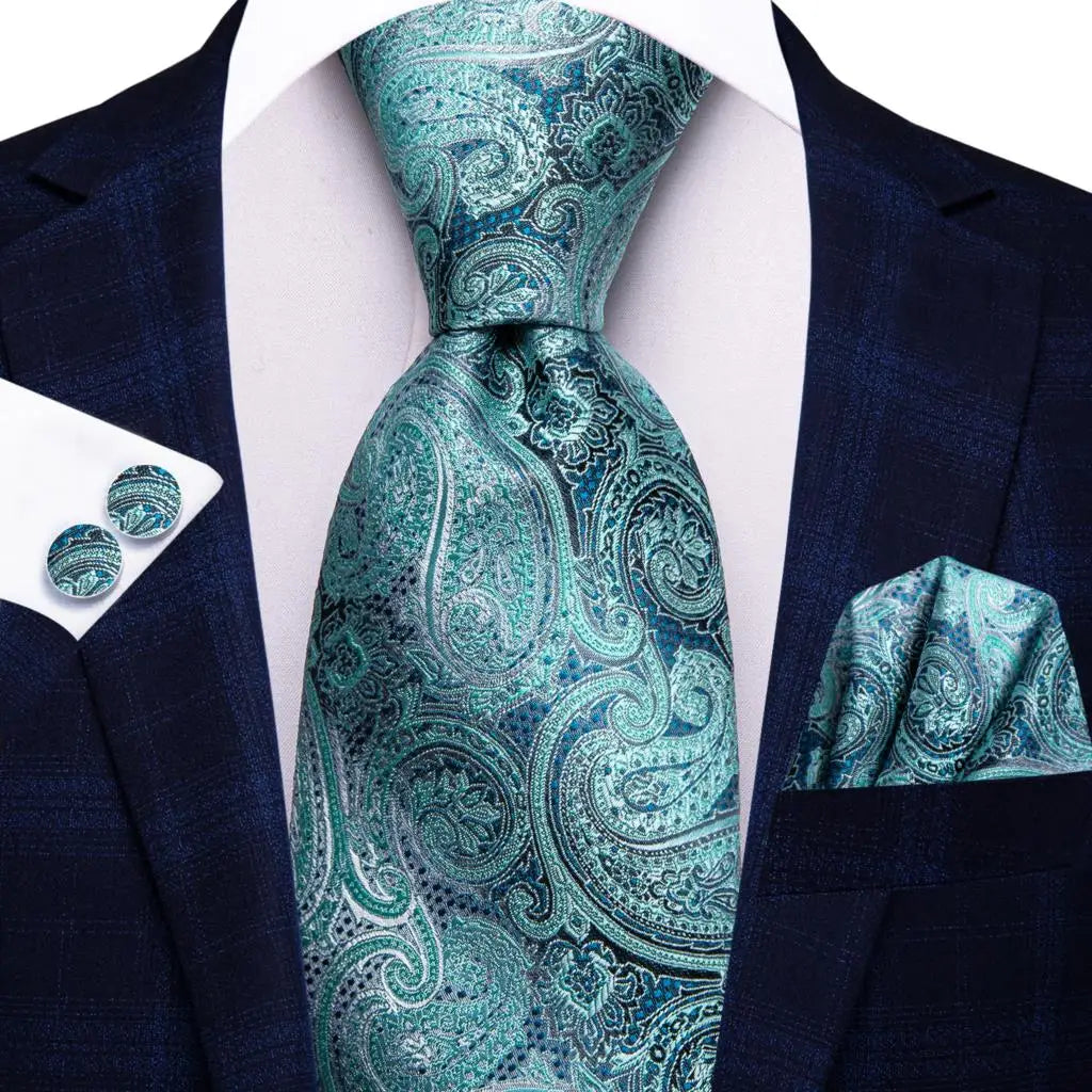 Men Green Ties Floral Tie Paisley Silk Necktie Pocket Square Set