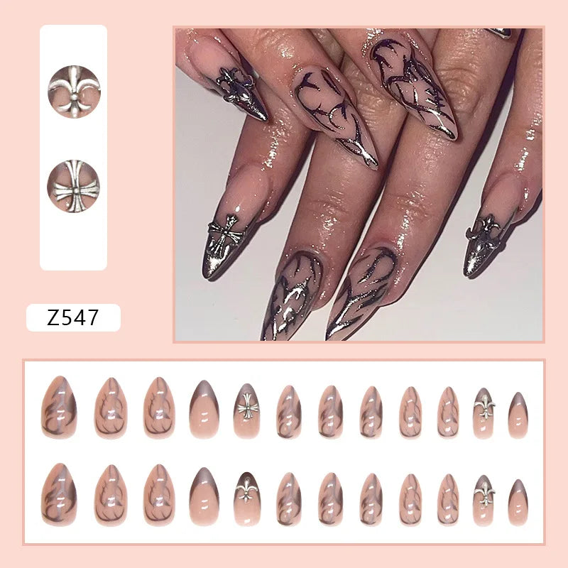 24pcs Artifical Nails Fake Wearable Nail Tips With Small Diamonds