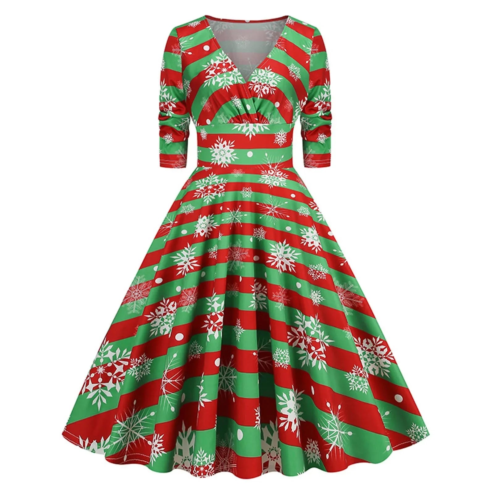 2024 Christmas Deer and Tree Print Christmas Party V-Neck High Waist 50s Vintage Swing Dresses