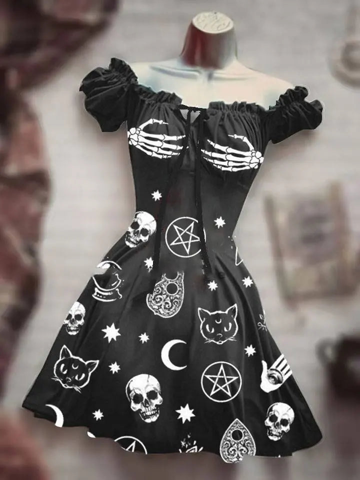 Summer New 3D Printed Mid Waist Scary Halloween Skull Head Pulled Sleeves and Drawstring Dress