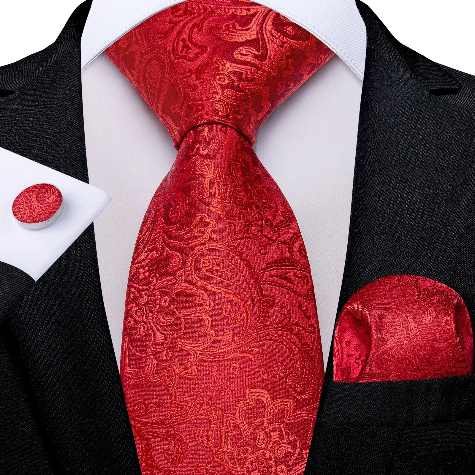 Red  Solid Striped Paisley Neckties Hanky Cufflinks Set For Men