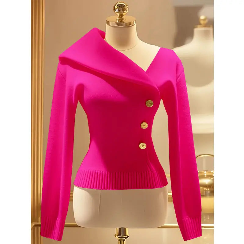 Elegant Slim Fit Solid Color Knitted  Autumn 2024 New Asymmetrical Lapel Sweater