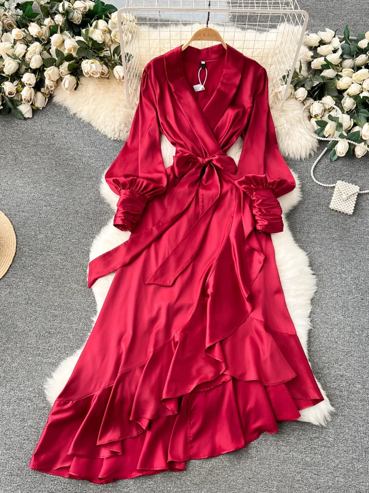 Summer Elegant Satin Bandage High Waisted Ruffled Irregular Blazer Dresses