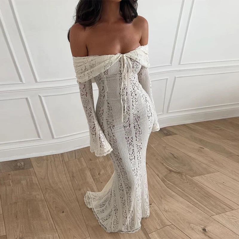 Elegant Lace Off Shoulder Hollow Out Full Flare Sleeve Long Dress