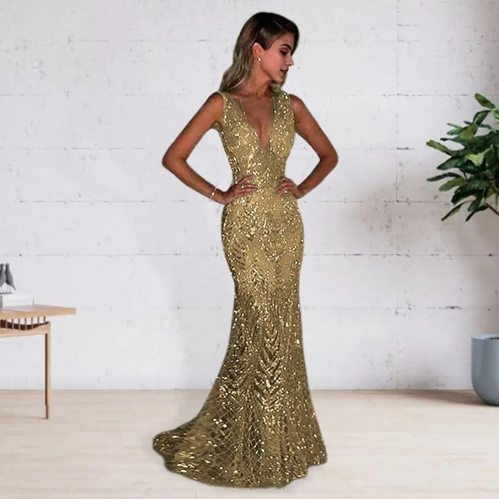 V-neck Long Elegant Sequin Fishtail Evening Gown