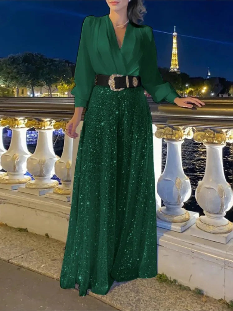 2024 Fall New Fashion V-neck Long Sleeved Shirt Elegant Sexy V-neck Waist Slimming Sequin Wide Leg Jumpsuit Set