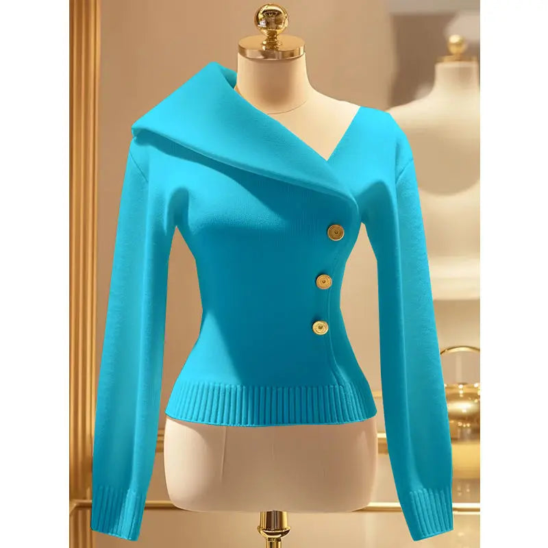 Elegant Slim Fit Solid Color Knitted  Autumn 2024 New Asymmetrical Lapel Sweater