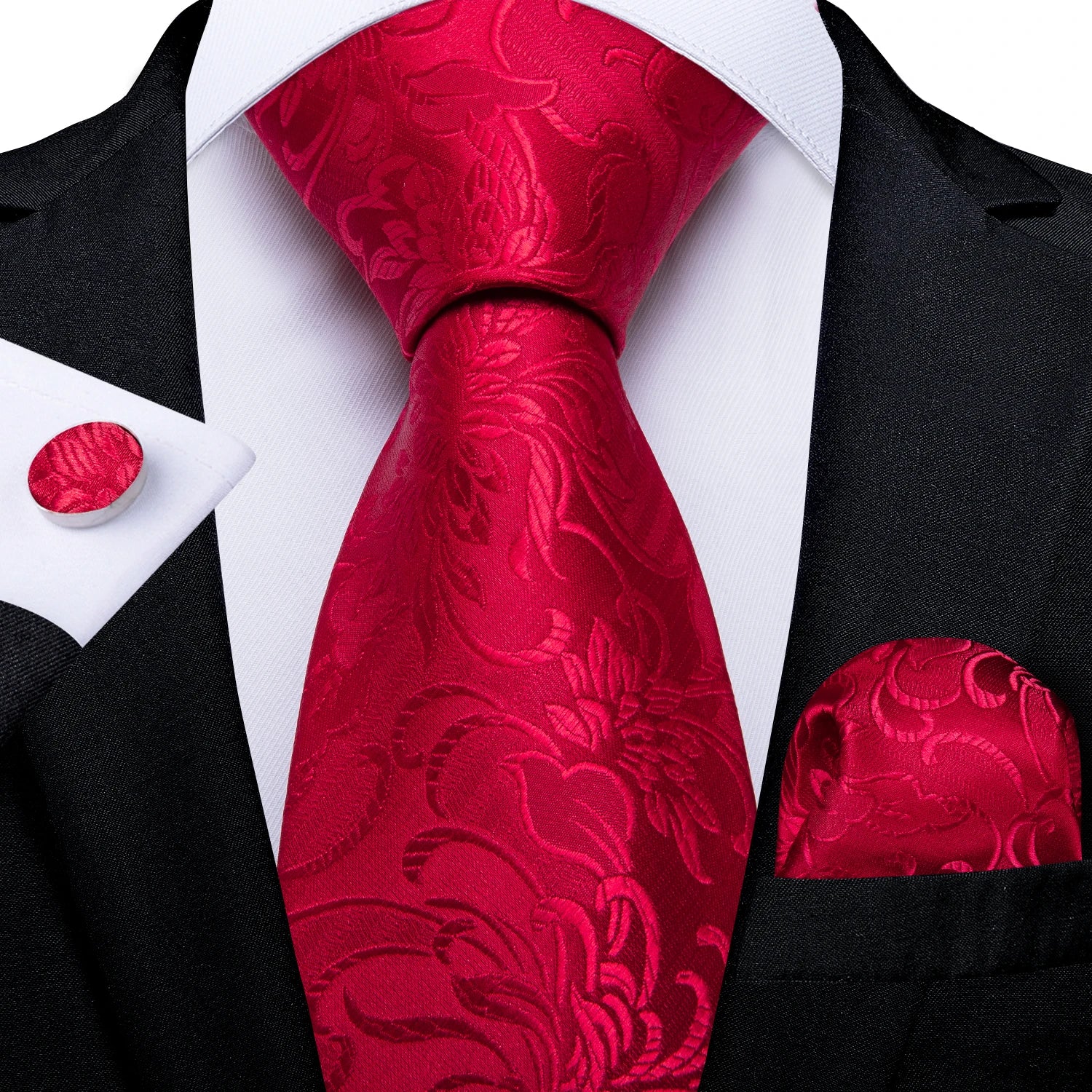 Red  Solid Striped Paisley Neckties Hanky Cufflinks Set For Men