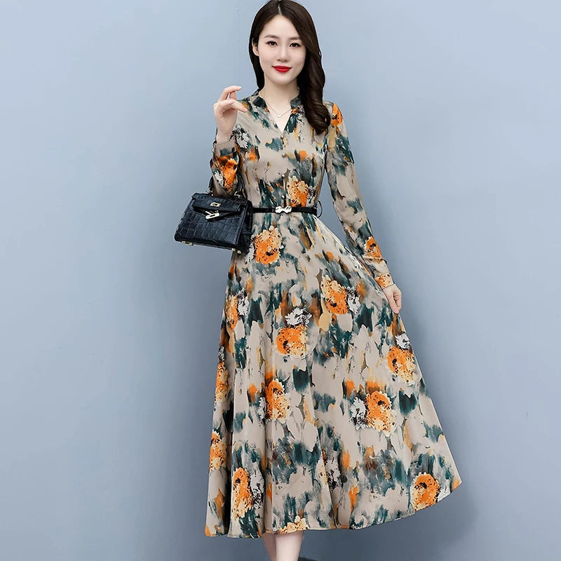 2024 Spring Autumn Floral Acetate Satin Casual Long Dress