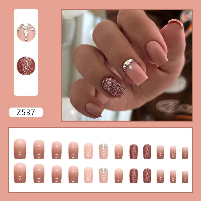 24pcs Artifical Nails Fake Wearable Nail Tips With Small Diamonds