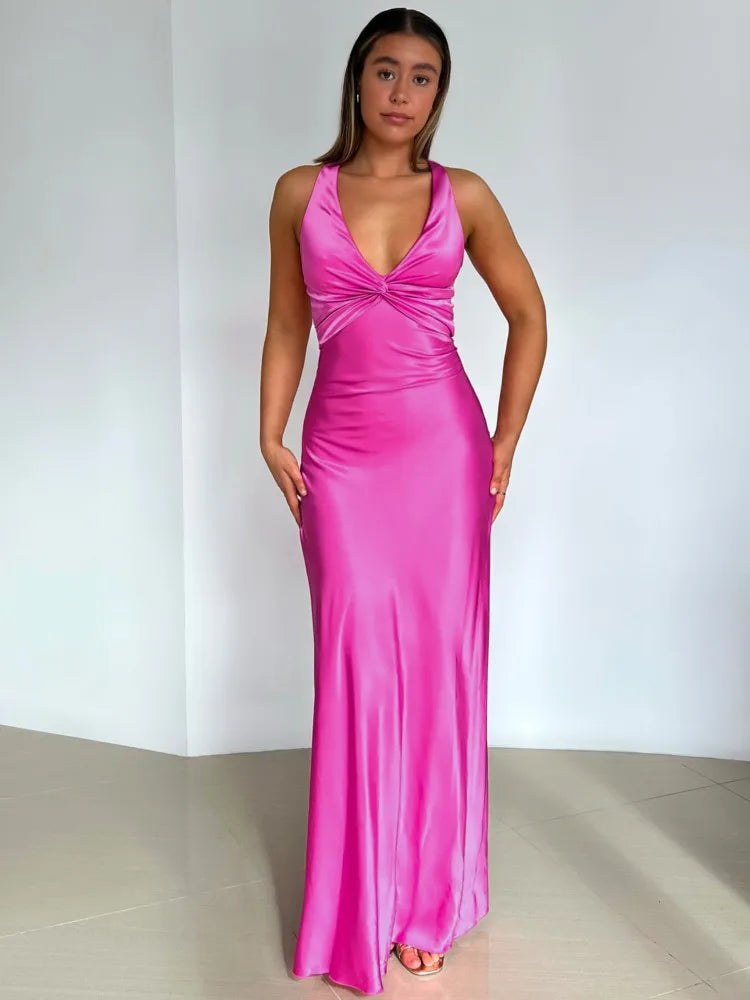 Elegant Sleeveless Satin Bodycon Deep V Backless Evening Dress