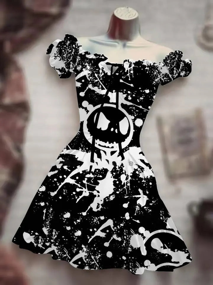 Summer 3D print Horror Skull Tomb Halloween Bohemian Short Sleeved Dress