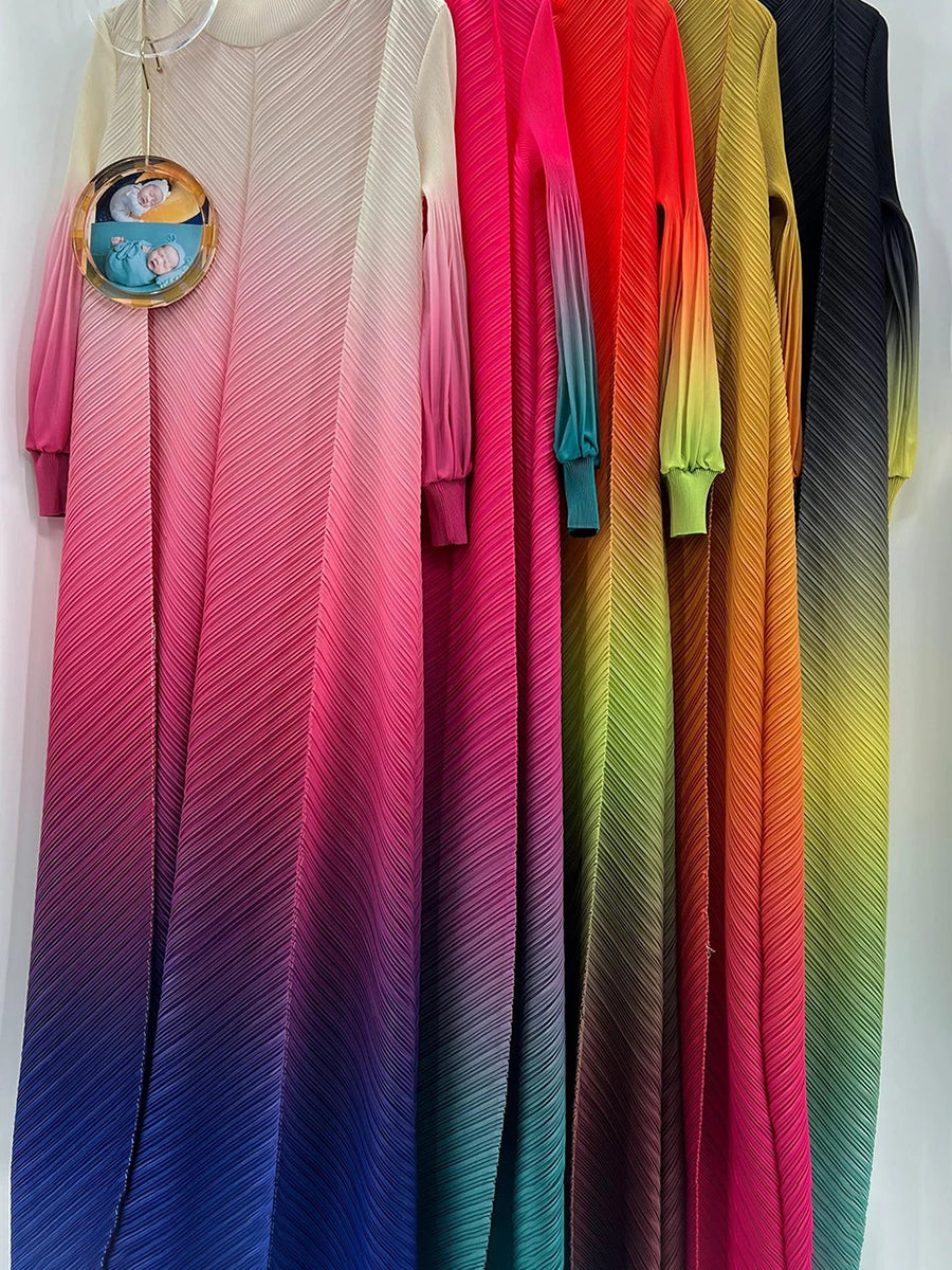 Pleated Gradient Color Lantern Sleeves Half Turtleneck Maxi Dress