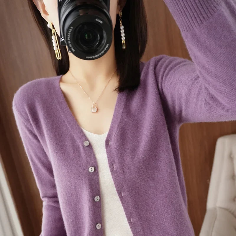 Spring Autumn  Single Breasted V-neck Solid Knitted Cardigans Sweater