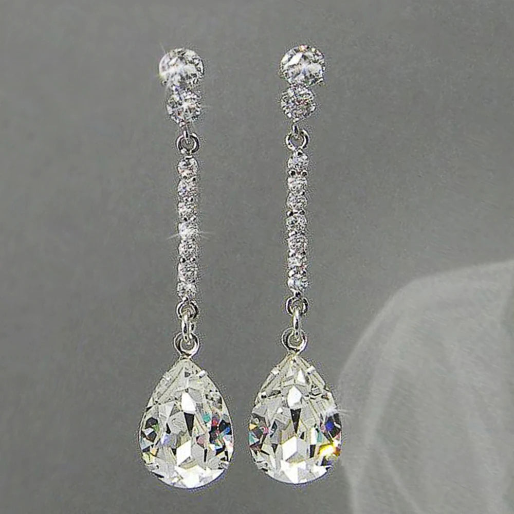 Long Hanging Earrings with AAA Pear Cubic Zircon