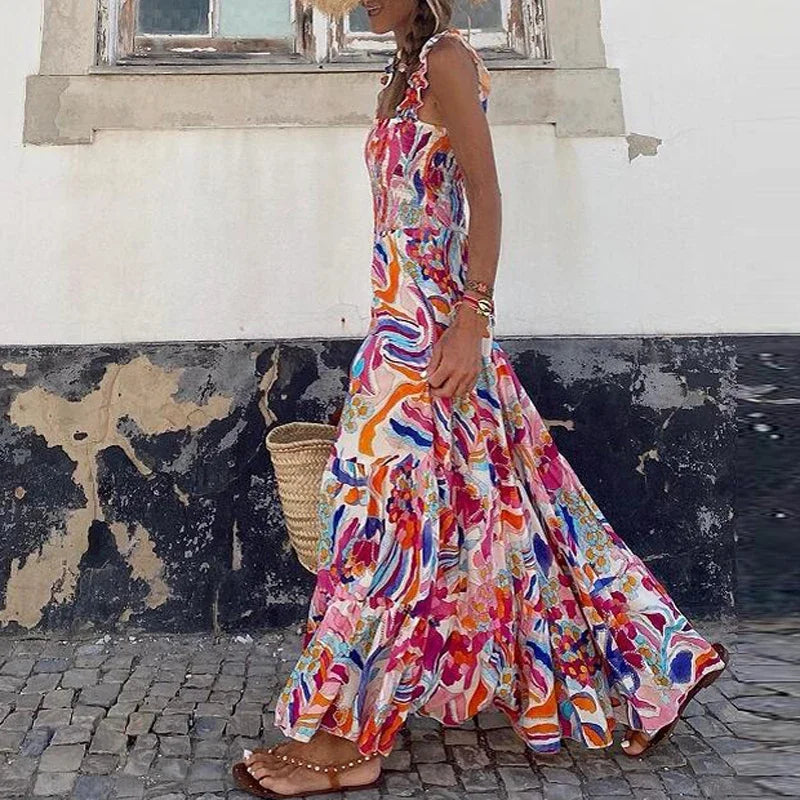 2024 Boho Print Casual Cool Loose Sleeveless Beach Long Dress