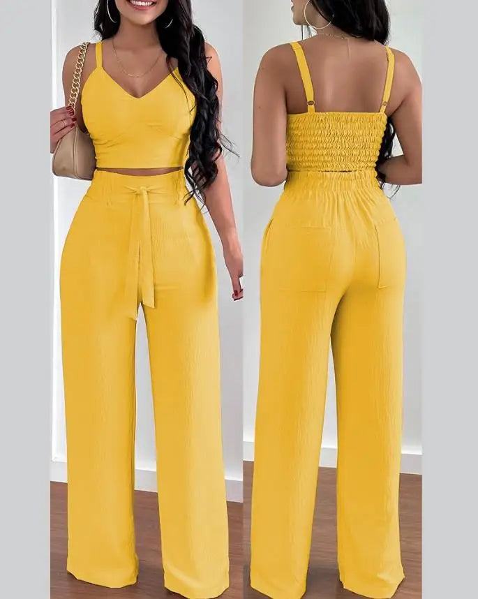 V-Neck Sleeveless Shirred Crop Top & Pocket Design Elegant Work Lady Wide Leg Pants Set