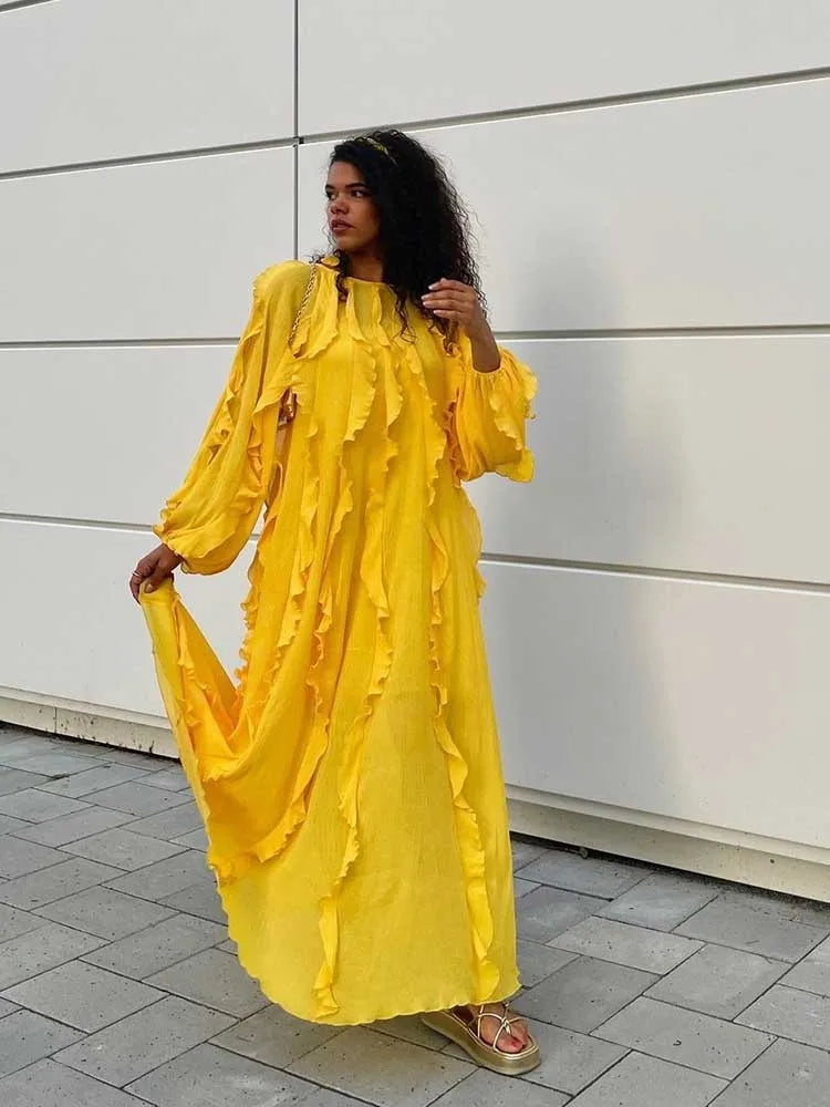 Autumn Long SleeveSexy Beautiful Yellow  Lace-up Chic Elegant Tiered Maxi Dress