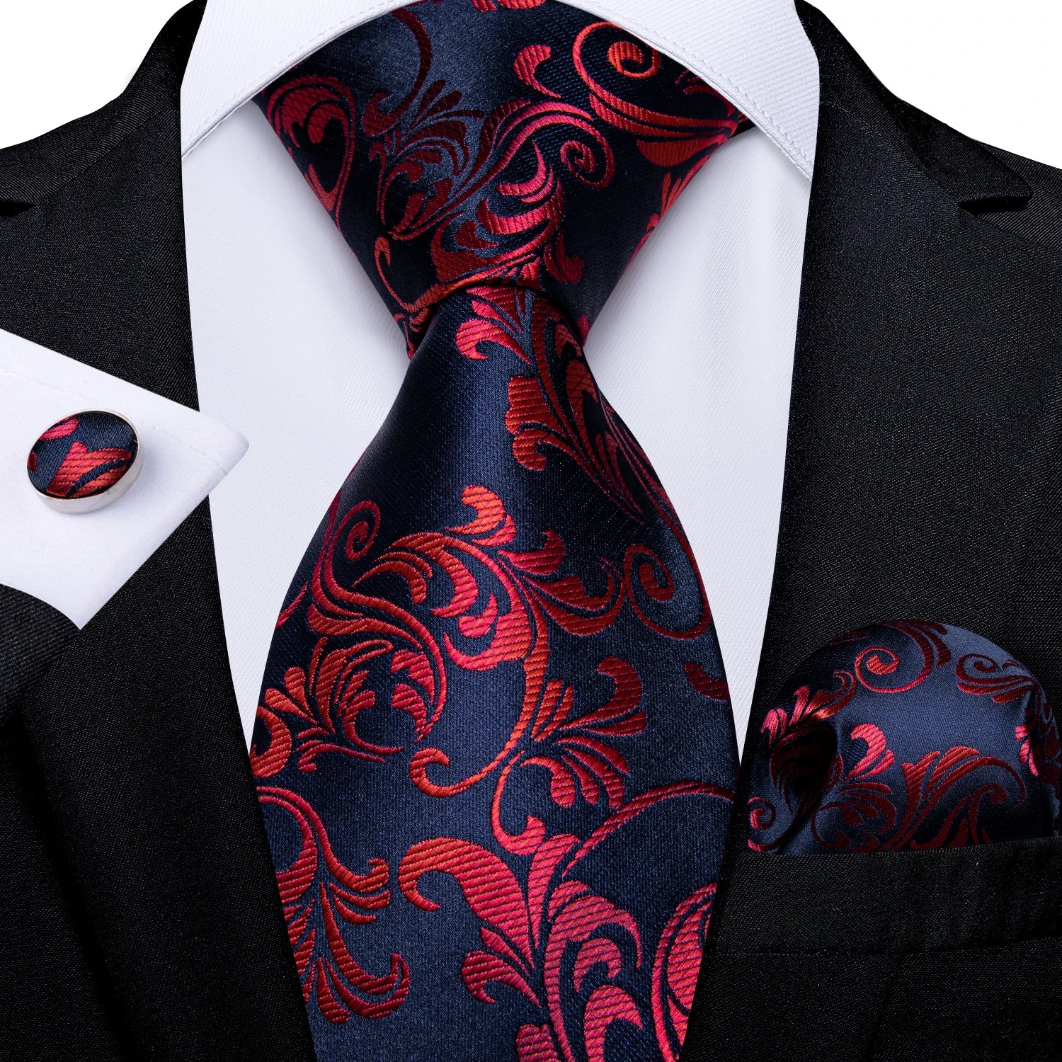 Red  Solid Striped Paisley Neckties Hanky Cufflinks Set For Men