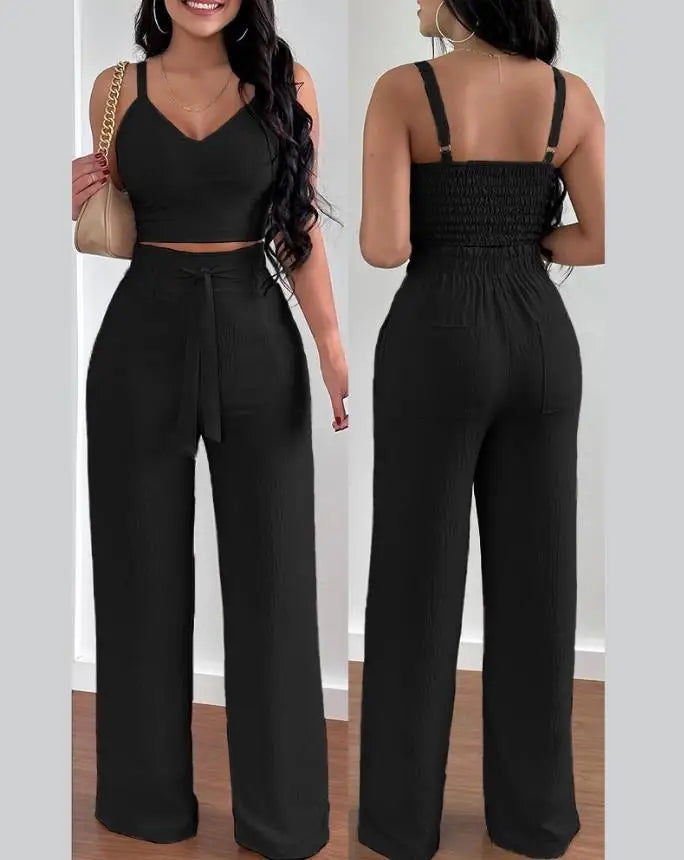 V-Neck Sleeveless Shirred Crop Top & Pocket Design Elegant Work Lady Wide Leg Pants Set