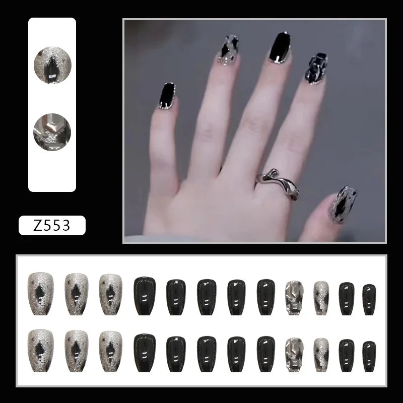 24pcs Artifical Nails Fake Wearable Nail Tips With Small Diamonds