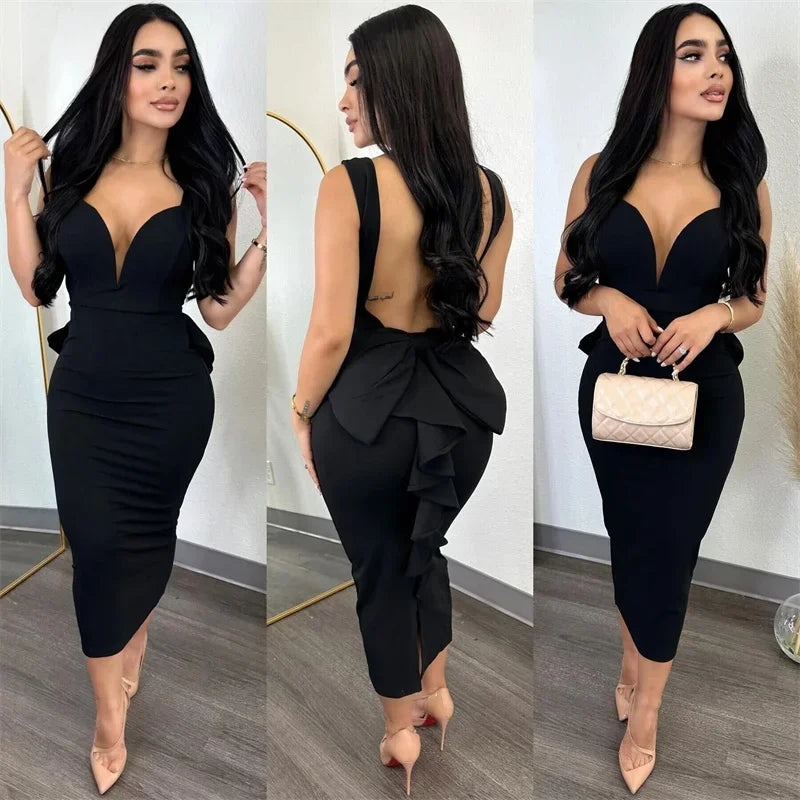 Sexy Plunging V-neck Backless Bowknot Ruffles Bodycon Midi Dresses