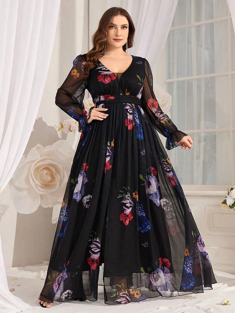 2024 Spring Summer Plus Size Casual V-Neck Elegant Floral Print Mesh Flare Sleeve Dress