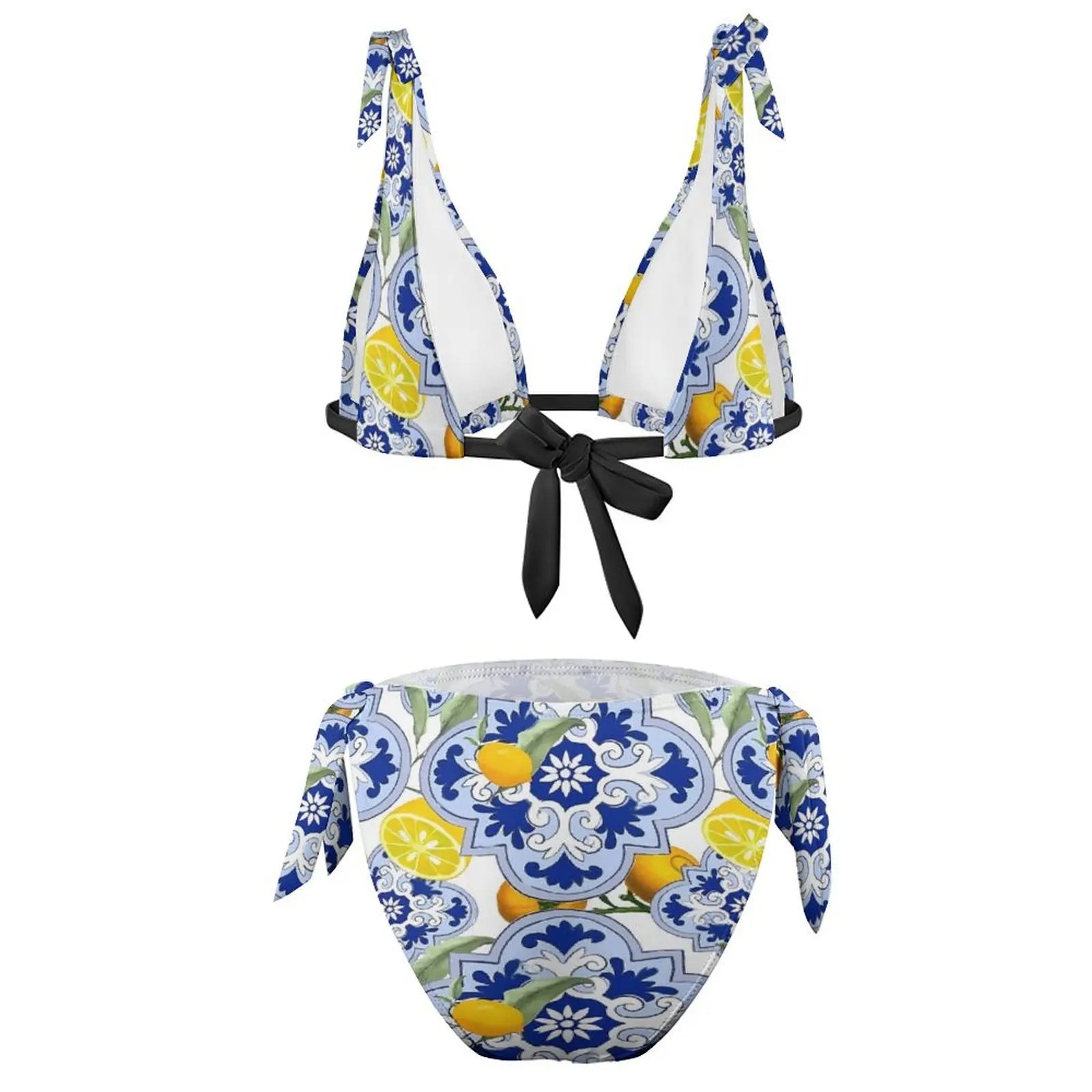 Sexy Vintage Blue Flower Bikini Set Lemon Fruit Print Bikini