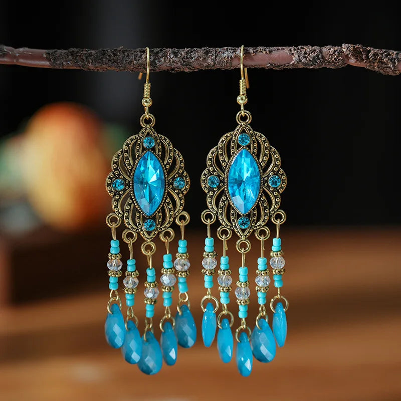 Bohemian Ethnic Long Blue Acrylic Crystal Water Drop Earrings