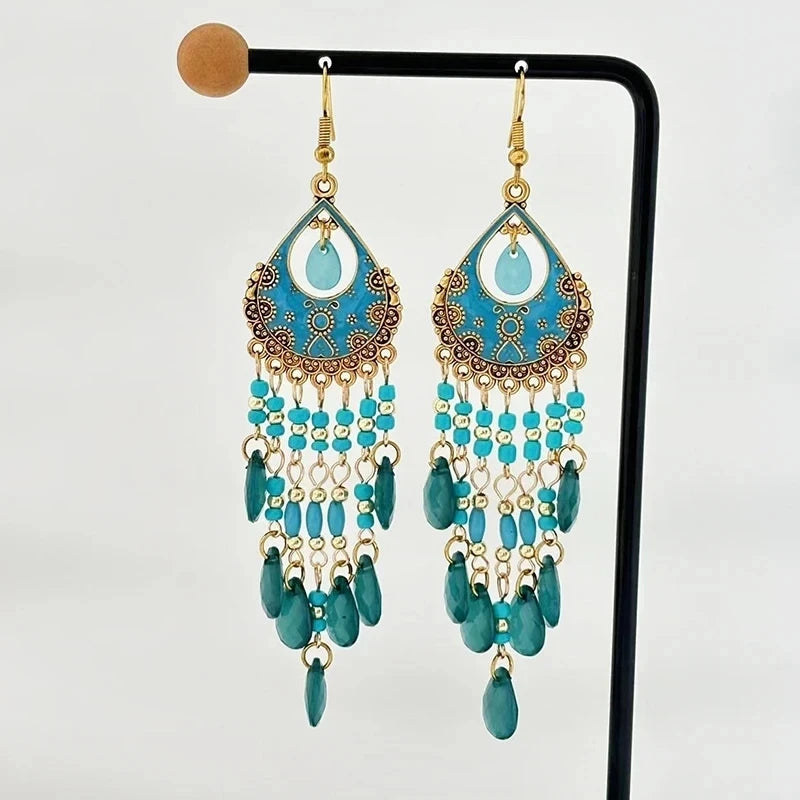 Bohemian Ethnic Long Blue Acrylic Crystal Water Drop Earrings