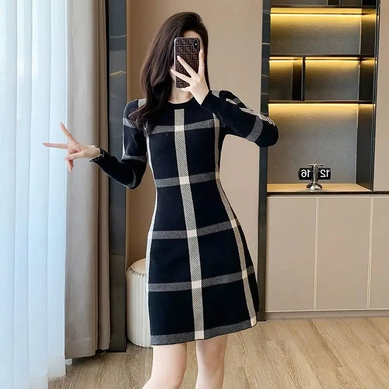 Autumn Winter Thin Casual Long Sleeve Pullovers Buttons Dresses