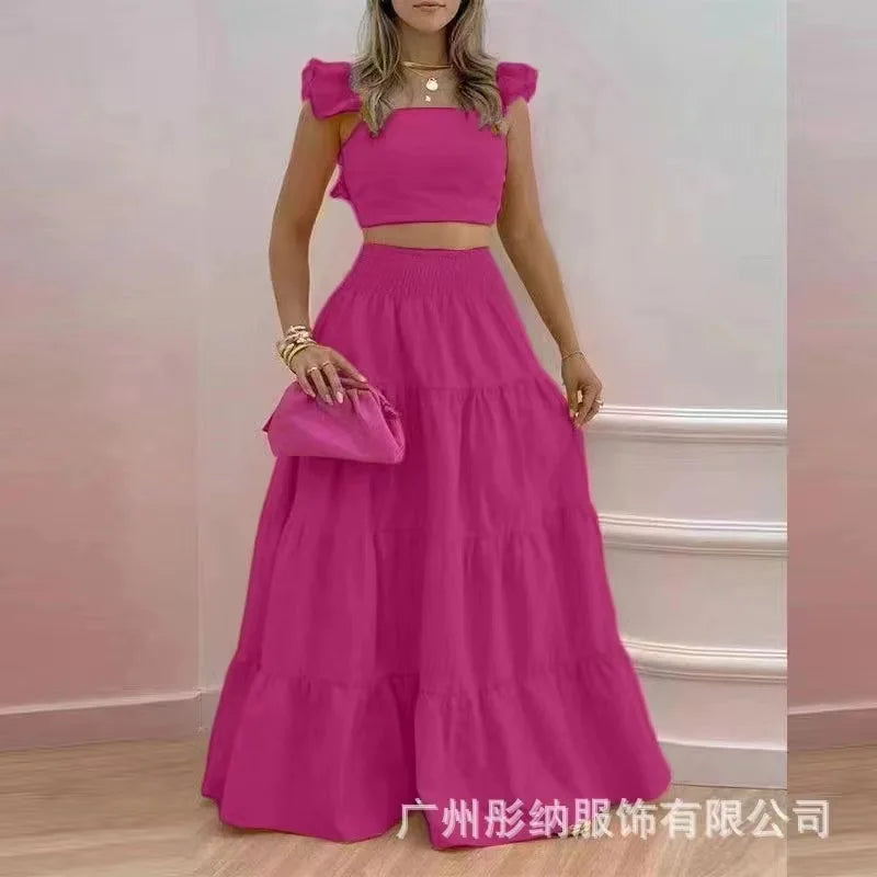 New 2024 Spring/Summer Elegant Sexy Collage Sleeveless Top and Skirt