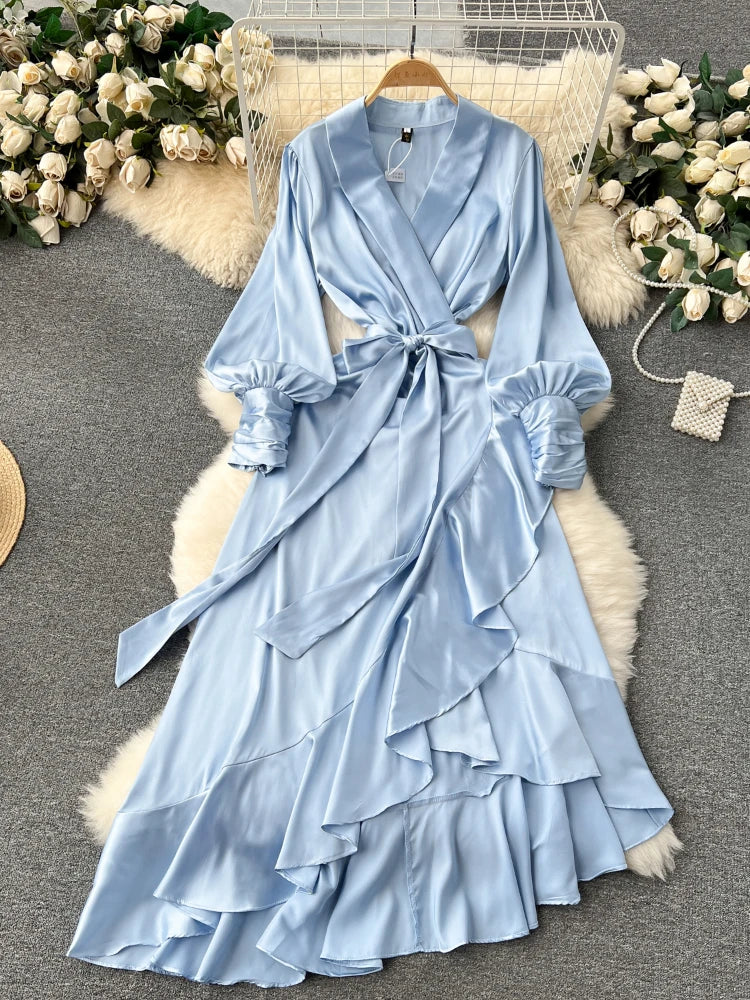 Summer Elegant Satin Bandage High Waisted Ruffled Irregular Blazer Dresses