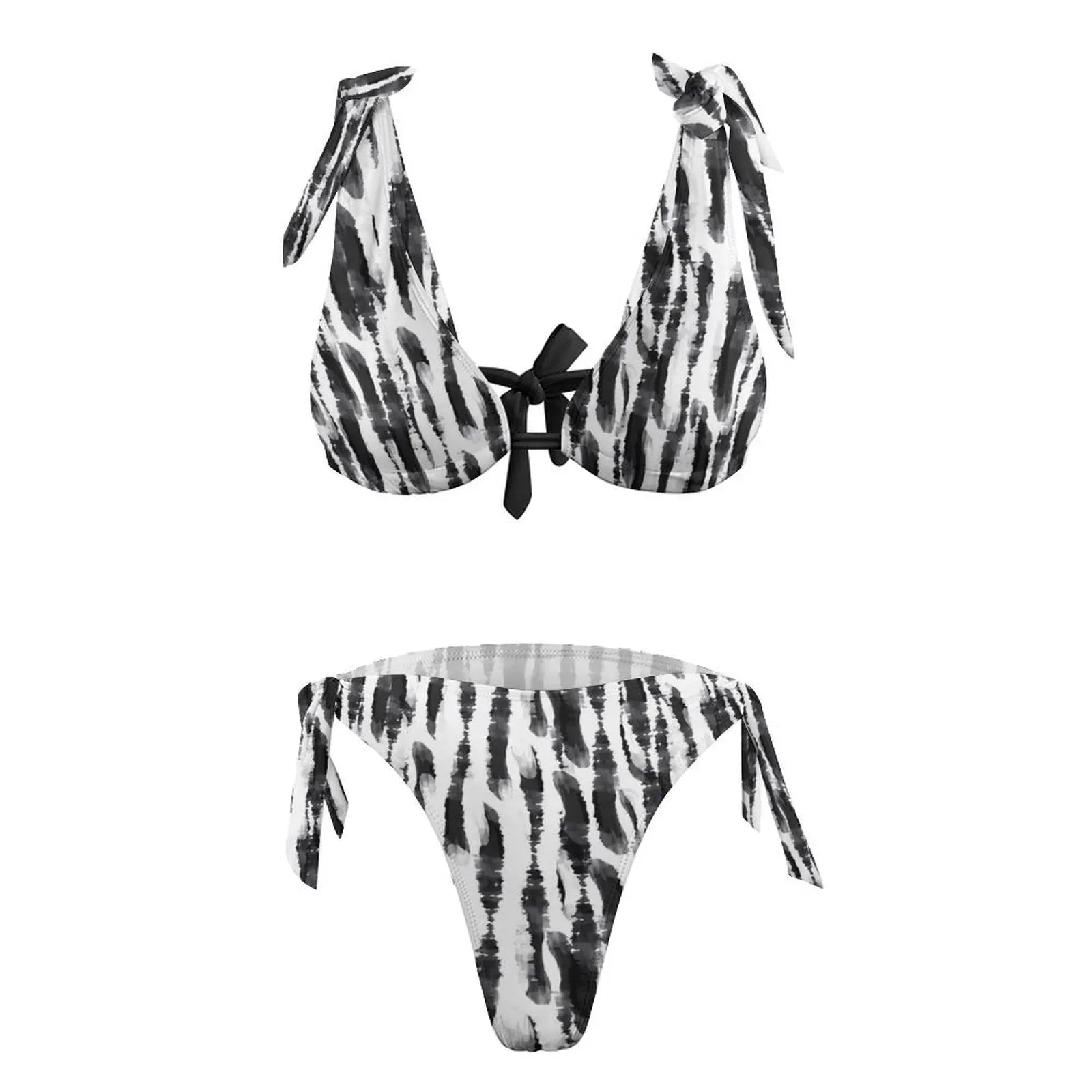 White And Black Tie Dye/Abstract Print Two-Piece Swimwear