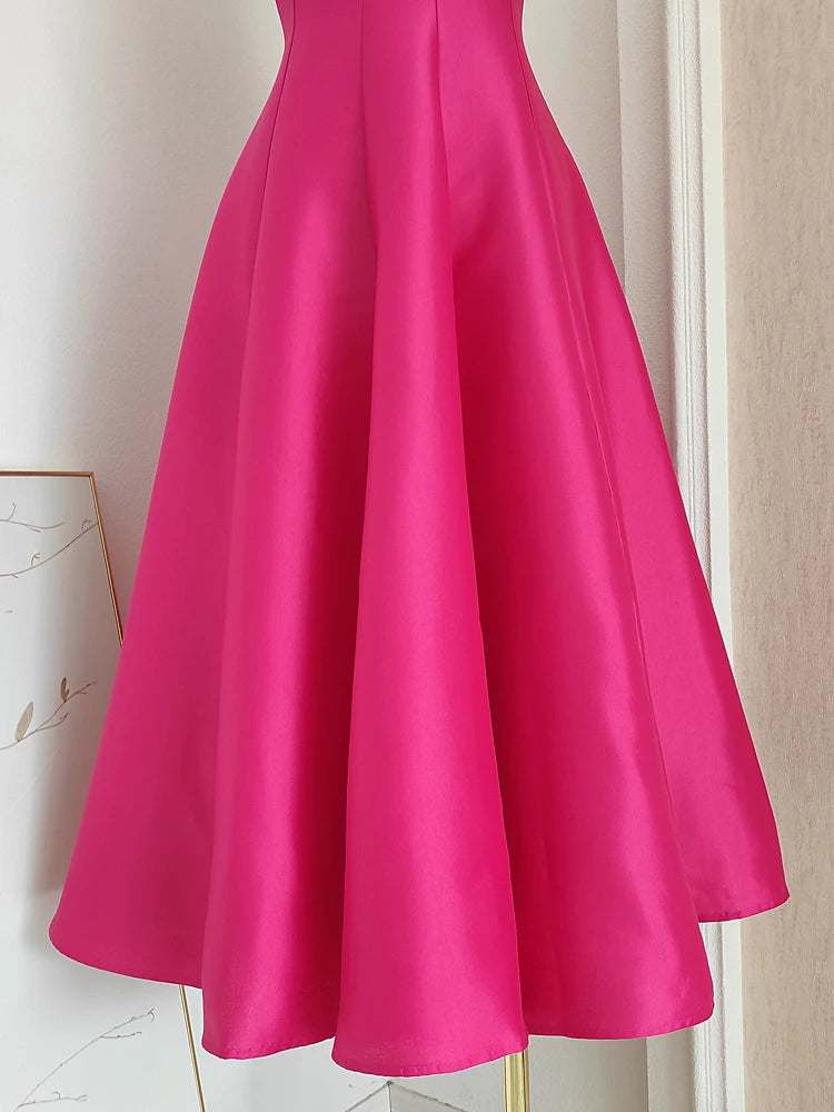 Hepburn Style Big Hem Drape Midi Long Pleated Strap Dress