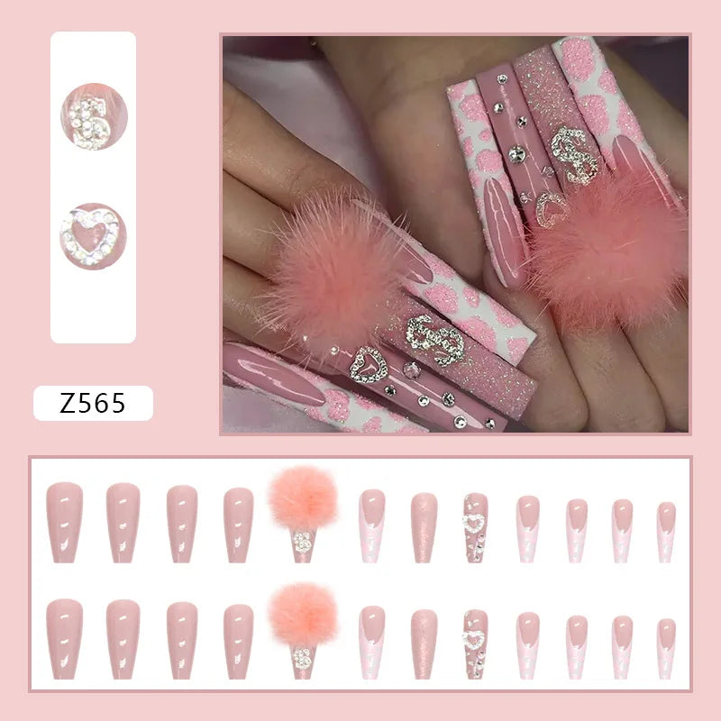 24pcs Artifical Nails Fake Wearable Nail Tips With Small Diamonds