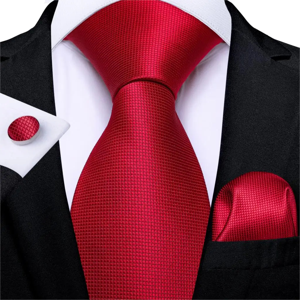 Red  Solid Striped Paisley Neckties Hanky Cufflinks Set For Men