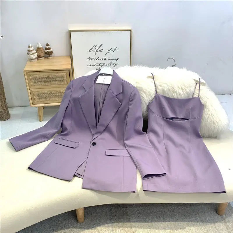 Autumn Korean Fashion Suit Coat+Purple Sling Dress Two Piece Set