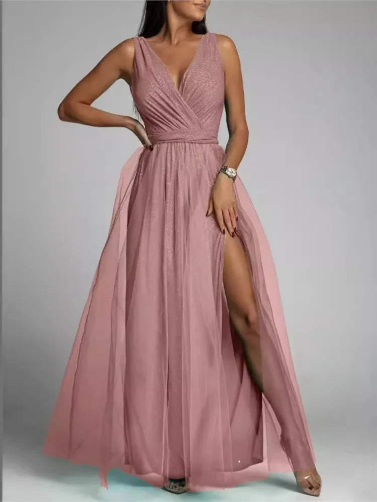 Elegant Solid Color Fine Sparkle V-neck Lace-up Mesh Slit Long Dress