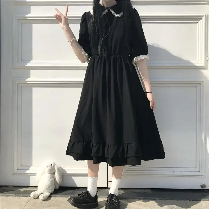 Mini Black  Puff Sleeve Lolita Girlish Preppy Bow Summer Dress