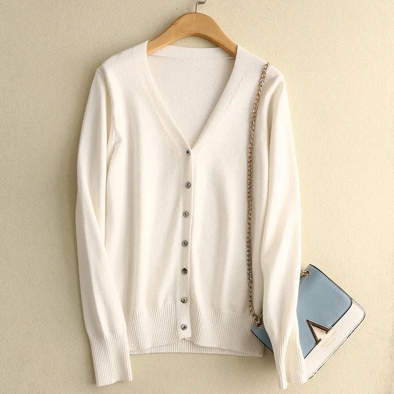 Spring Autumn  Single Breasted V-neck Solid Knitted Cardigans Sweater