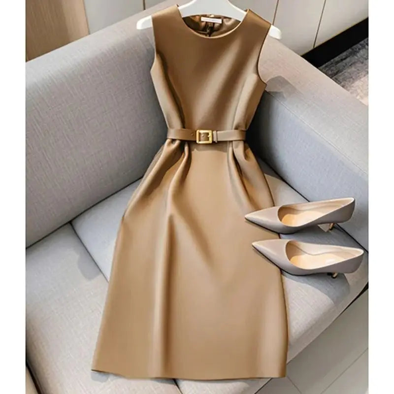 Summer New Fashion Solid Color O-Neck Sleeveless High Waist Dress With Belt