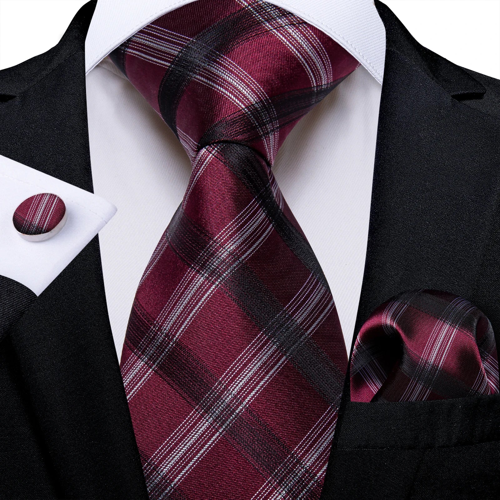 Red  Solid Striped Paisley Neckties Hanky Cufflinks Set For Men